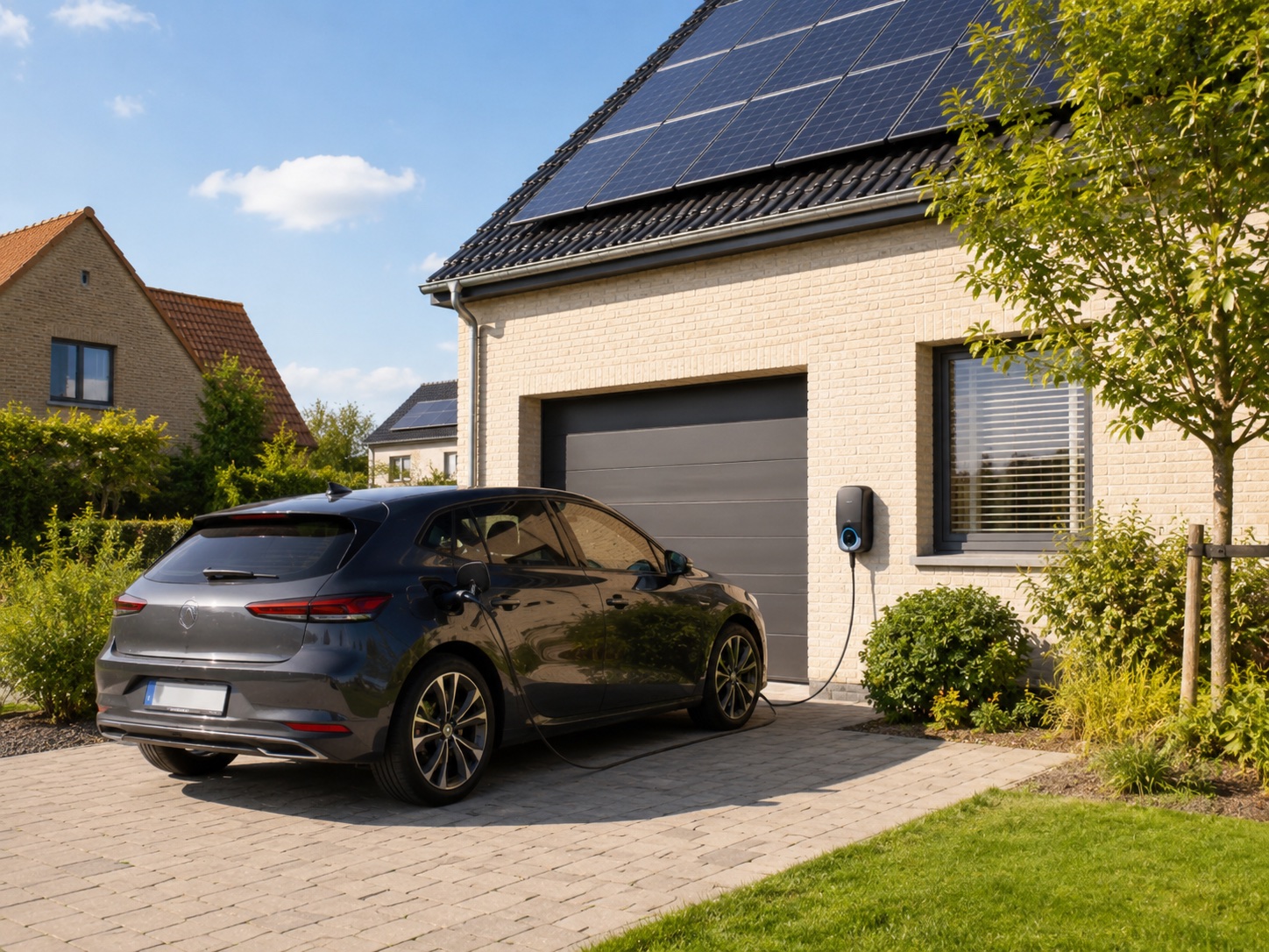 Voiture électrique en recharge devant une maison résidentielle.