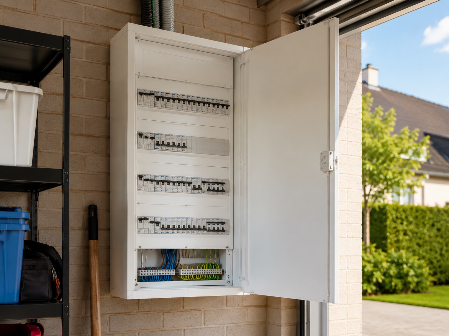 Tableau électrique résidentiel récent installé dans un garage clair.