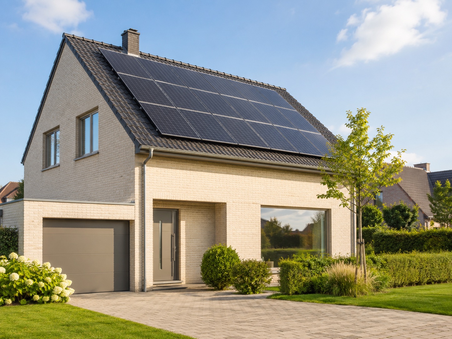 Maison résidentielle lumineuse équipée de panneaux photovoltaïques.