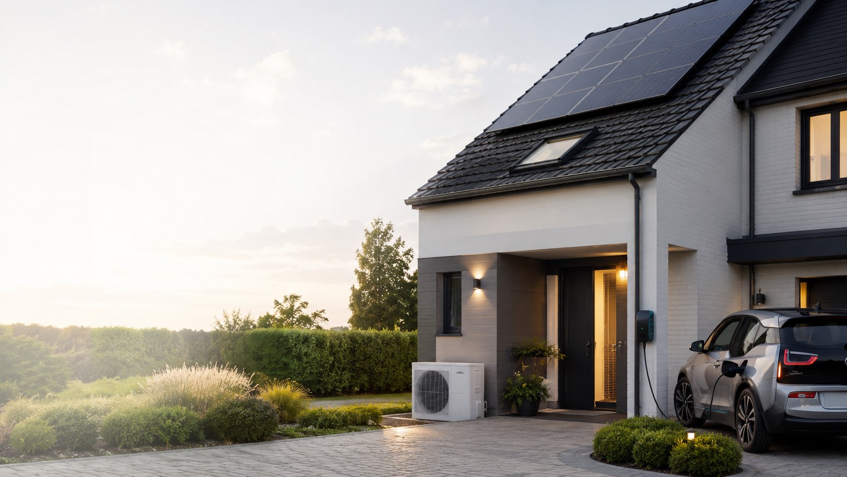 Maison contemporaine équipée de panneaux solaires, d’une borne de recharge et d’une unité extérieure de climatisation.