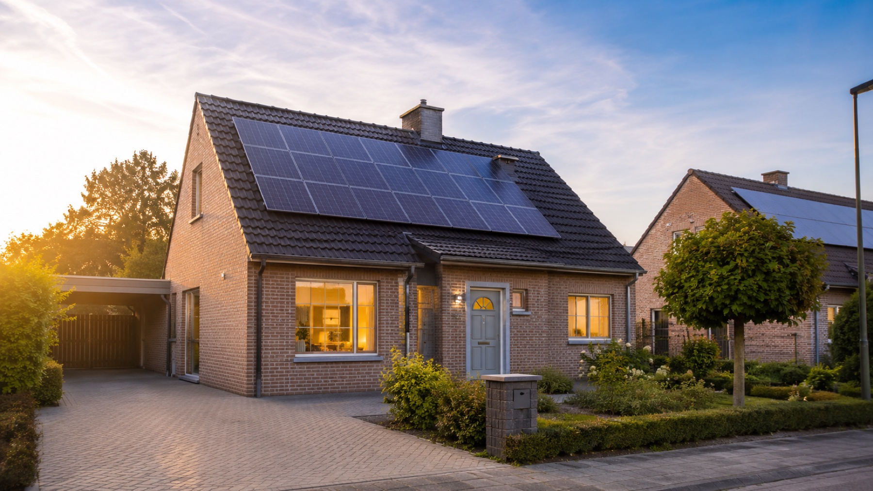 Panneaux solaires intégrés à la toiture d’une habitation contemporaine.